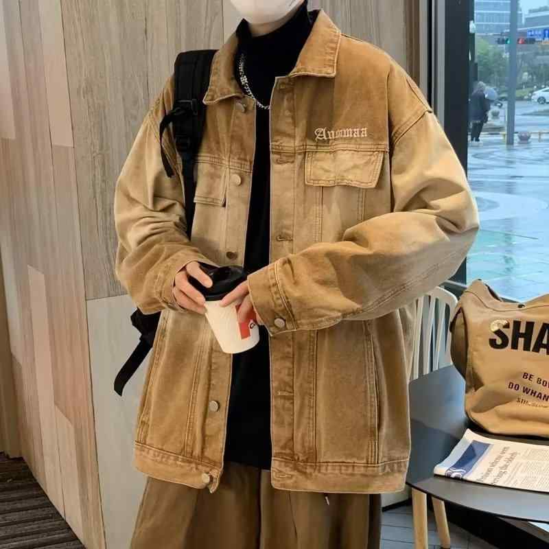 ジャケット 男性用 デニム Gジャン グラデーション 配色 ゆったり ストリート カジュアル ドロップショルダー 春秋 黒 ブラック 緑 グリーン 茶色 ブラウン