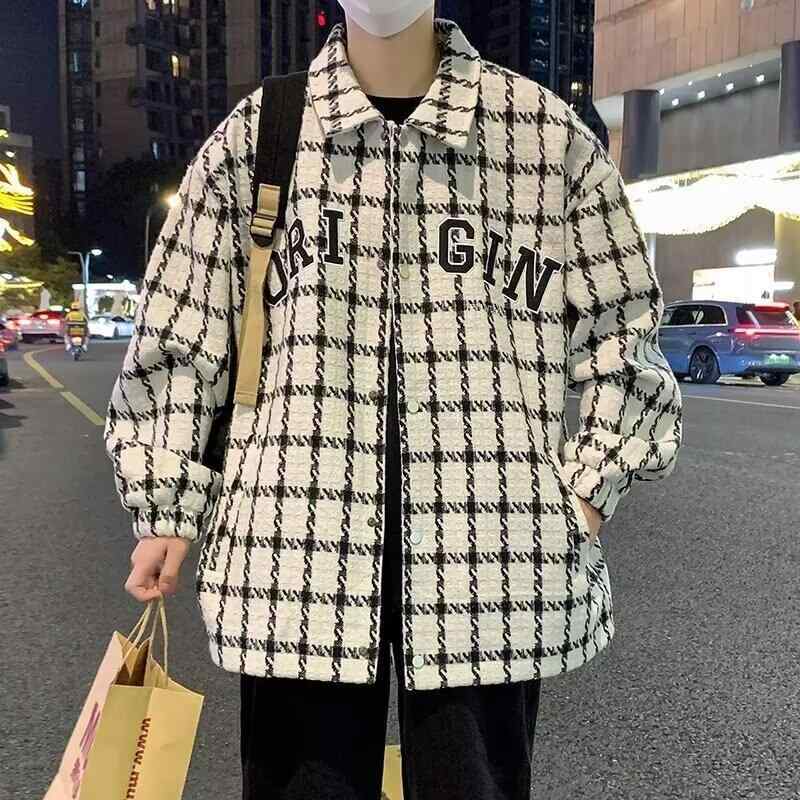 シャツ メンズ 格子柄 ジャケット ブルゾン 秋冬 防風 伸縮性 ポリエステル デニム ブルー ホワイト カーキ