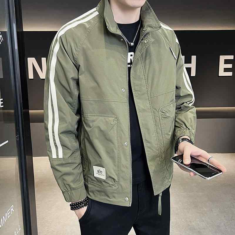 ジャケット 男性用 ブルゾン 配色 春秋 ポリエステル 立襟 ライトアウター スポーティ ミリタリー ブラック系 グリーン系
