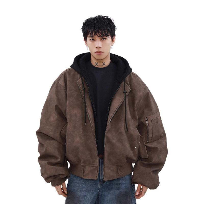 ジャケット メンズ 韓国 春秋 2way フェイクレイヤード フード付き ブルゾン ゆったり ポリエステル 普段使い ブラウン グレー