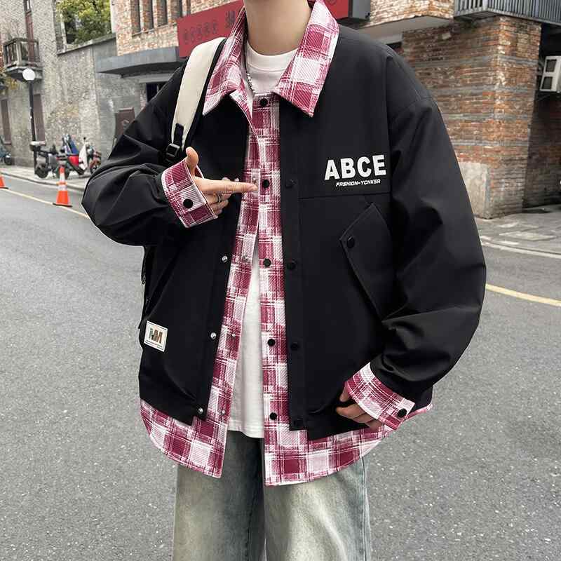 ジャケット メンズ フェイクレイヤード 襟付き 春秋 普段使い アウター ポリエステル 耐摩耗性 ミディアム丈 ブラック系 ホワイト系 オレンジ系