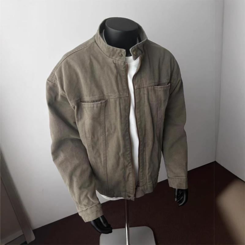 ジャケット メンズ アメリカン レトロ ウォッシュ加工 ハリントンジャケット 秋冬 厚手 ショート丈 スタンドカラー カジュアル アウター 緑