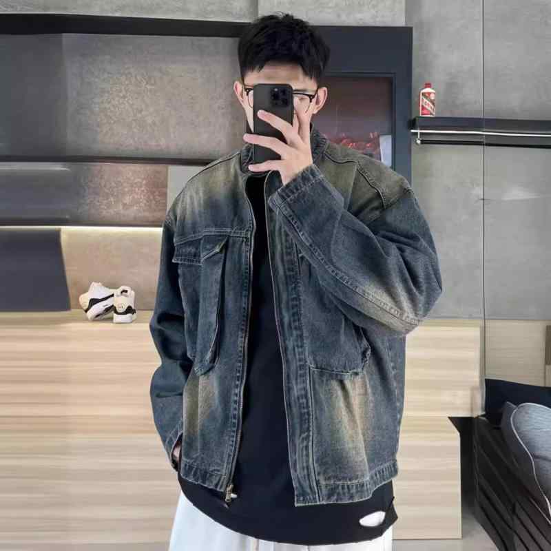 デニムジャケット メンズ 韓国 ライトアウター ブルゾン Gジャン 長袖 トップス 襟付き 耐摩耗 ブルー M L XL 2XL 3XL