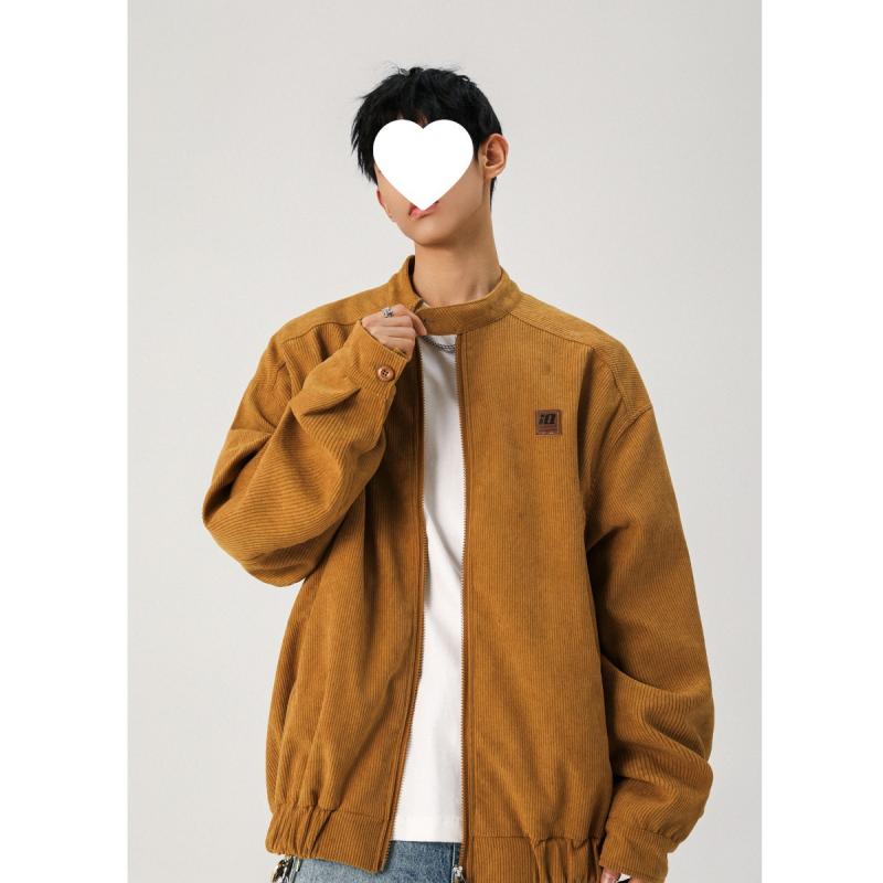 ジャケット 男性用 コーデュロイ 春秋 襟付き 無地 ルーズフィット ポリエステル 普段使い 長袖 カフェ色 カーキ