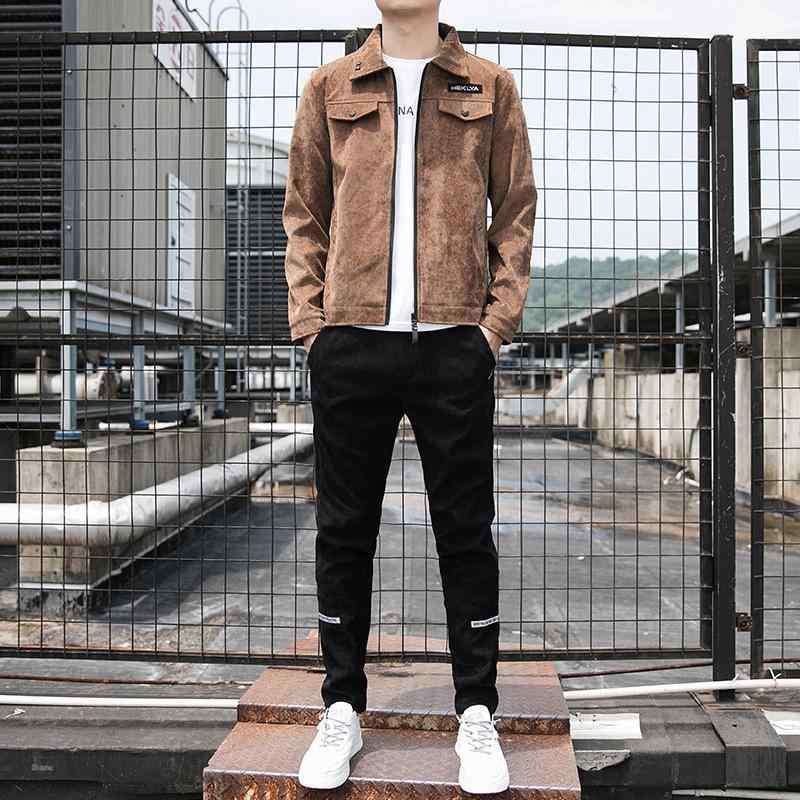 ジャケット メンズ コーデュロイ セットアップ 男性用 韓国 カジュアル ウェア 上下セット 春秋 アウター トップス 合体型 長袖 スリム 普段使い ブラック グレー ブラウン カーキ ポリエステル