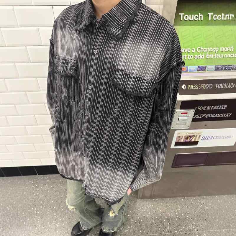 ジャケット 男性用 ストライプ柄 デニム ルーズフィット 韓国 スプリングコート ブルゾン ブラック M L XL 2XL 3XL