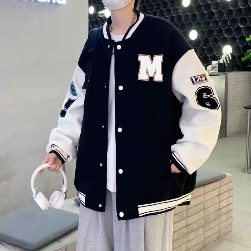ジャケット 男性用 スタンドカラー ブルゾン ジャンパー ゆったり カジュアル 野球服風 ポリエステル 春秋 スポーティ ブラック ホワイト ベージュ 普段使い