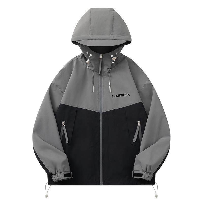 ジャケット メンズ 男性用 防水 防風 アウター 配色 切り替え フード付き ブルゾン ジャンパー S M L XL XXL 3XL 4XL 5XL 焦糖 白緑 黒グレー ブラック グレー 春秋