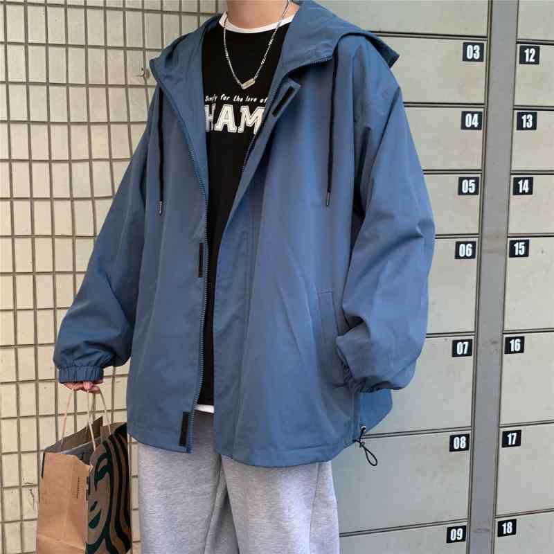 ジャケット 男性用 ブルゾン 春秋 ワークスタイル カジュアル 無地 フード付き ポリエステル ブラック グレー カーキ ネイビー ワインレッド 杏色 パープル(x2)