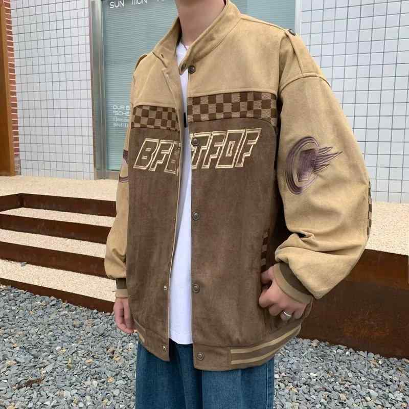 ジャケット 男性用 スエード ブルゾン 春秋 美式 レトロ ストリート系 ヒップホップ 野球服 長袖 ゆったり 立襟 カジュアル コーヒー色