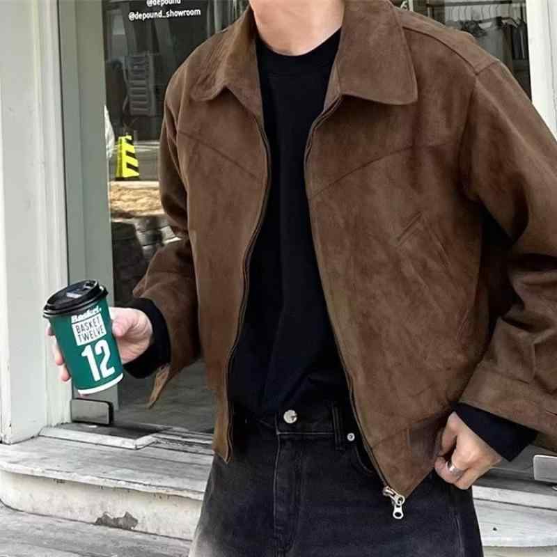 ジャケット 男性用 秋冬物 ピーチスキン レトロ 襟付き フロントジッパー 厚手 ルーズ 伸縮性 ポリエステル アウター 普段使い 珈琲色 黒