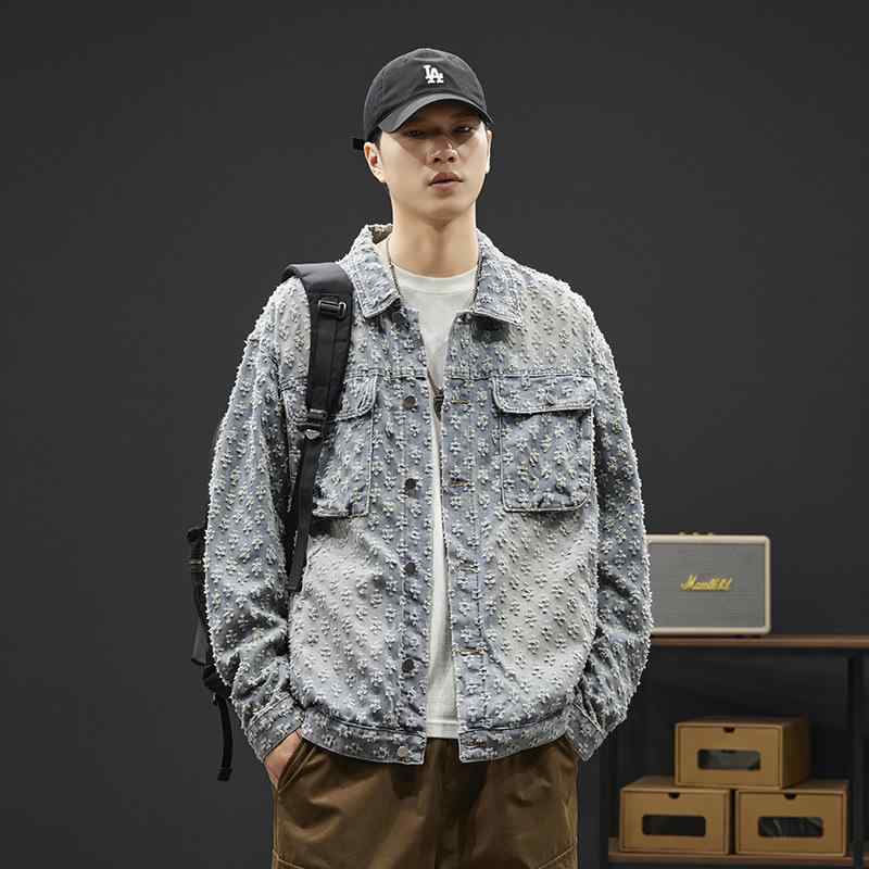 デニムジャケット 男性用 レトロ ジャガード 美品 ブルゾン Gジャン アウター 秋冬 カジュアル ゆったり 若者 リラックス 普段使い