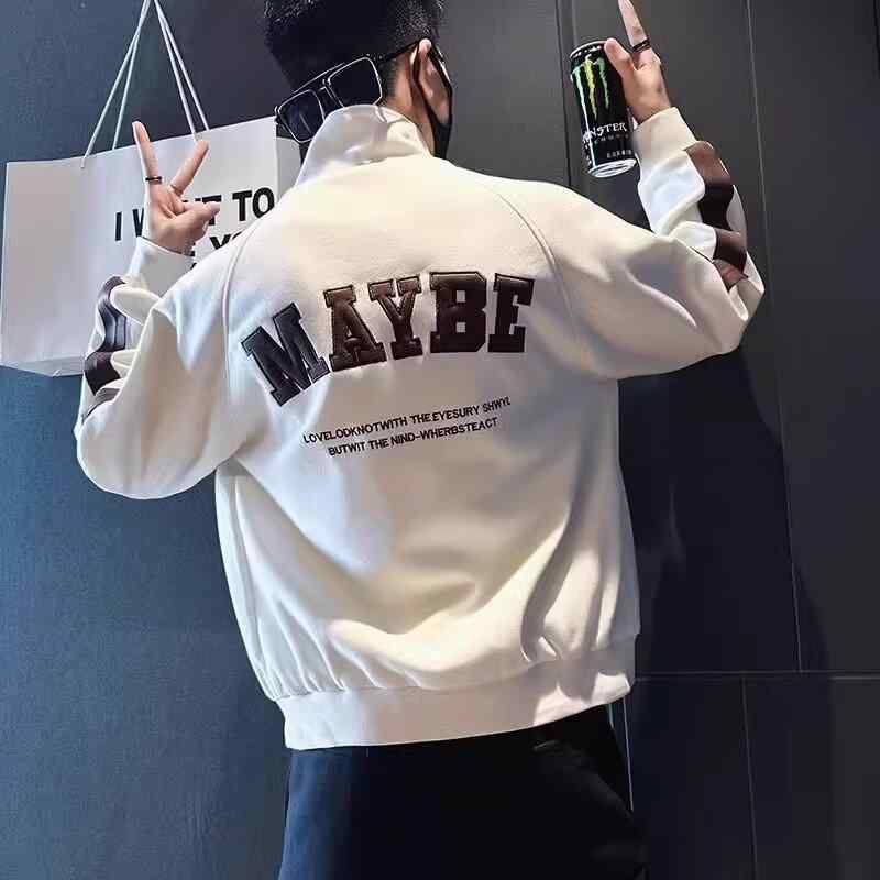ジャケット メンズ ブルゾン 秋冬 パッチワーク ロゴ ルーズ カジュアル スポーツ スタンドカラー アウター ブラック系 ホワイト系