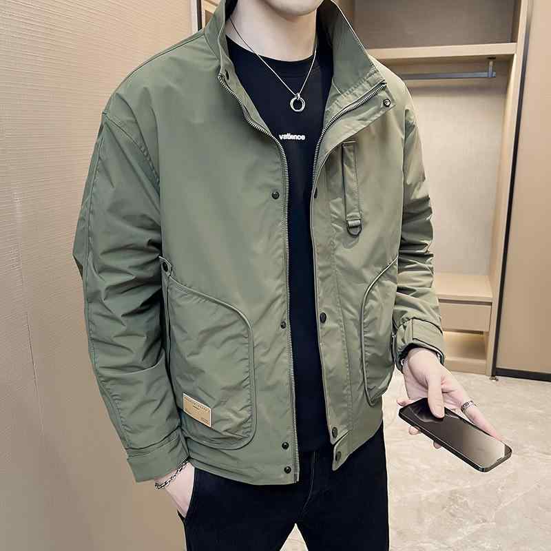ジャケット メンズ カジュアル 薄手 春秋 アウター ブルゾン 襟付き ポリエステル 黒 緑 リブ裾