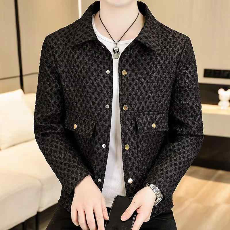ジャケット メンズ テーラードジャケット 格子柄 春秋 アウター スリム ショート丈 トップス 男性用 カジュアル 韓国 ポリエステル 黒 白(x2)