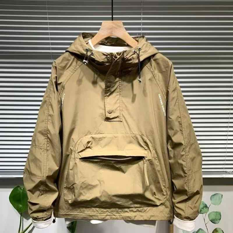 ジャケット メンズ 男性用 春秋 薄手 耐摩耗性 フード付き プルオーバー ゆったり ラグラン袖 ジップアップ 撥水 軽アウター ブルゾン ジャンパー 黒 ブラック カーキ