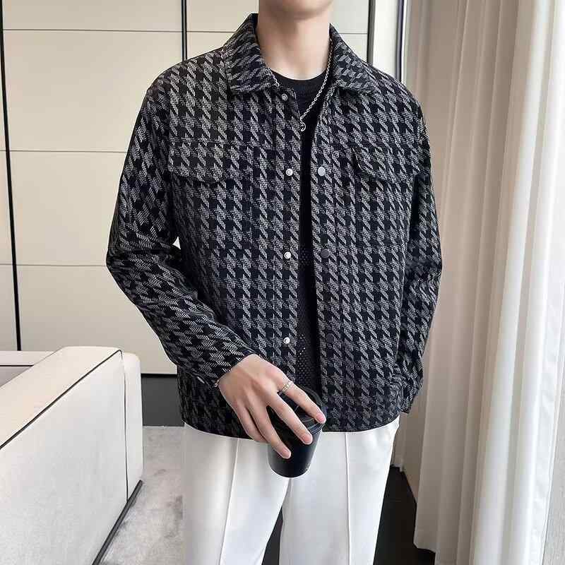 ジャケット メンズ テーラード 韓国 千鳥格子柄 春秋冬物 アウター スリムフィット コットン ポリエステル 黒 M L XL XXL XXXL
