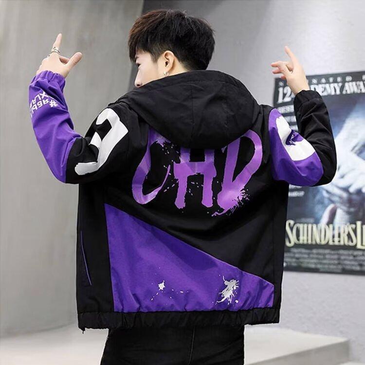 ジャケット メンズ ブルゾン 春秋 薄手 撥水 止水ファスナー 配色 切り替え 無地 長袖 M L XL XXL 青 紫 ポリエステル