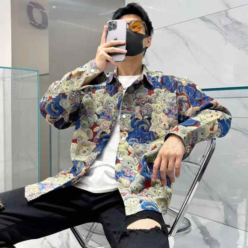 ジャケット メンズ 男性用 チャイナ風 プリント 長袖シャツ ポリエステル 普段使い トップス M L XL 2XL 3XL 4XL 5XL 花柄(x2)
