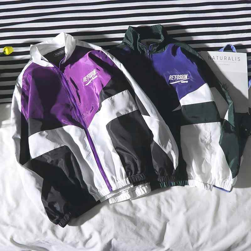 ジャケット 男性用 ヒップホップ ブルゾン 秋冬 コットン混紡 ポリエステル 撞色 切り替え 日常着 普段使い グリーン パープル系