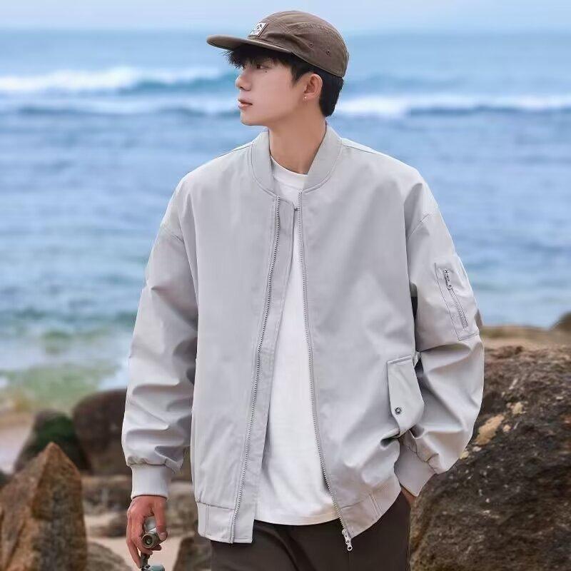 ジャケット 男性用 ブルゾン スタジャン MA-1 春秋 アウター 若者 ?松 レトロ 耐摩耗 防風 ポリエステル プリント ブラック グレー ベージュ レッド