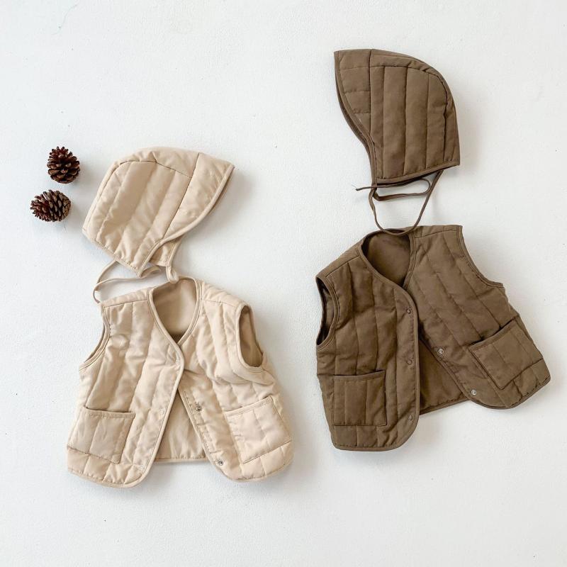 ベビー服 子供用 中綿ベスト フード付き あったか 背心 開き 防寒着 コットン 秋冬 杏色 ブラウン 66cm 73cm 80cm 90cm 100cm(x2)