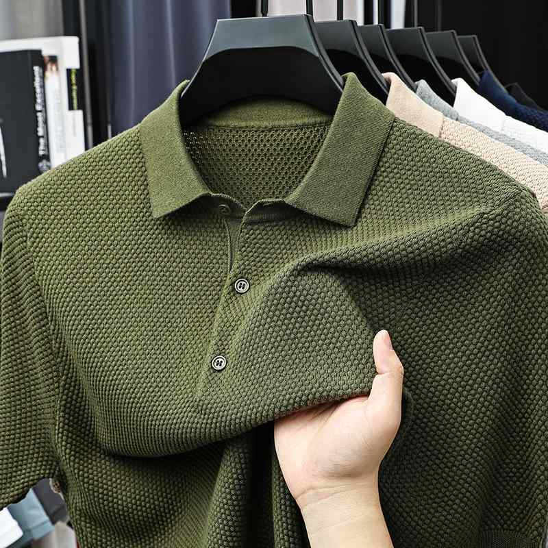 ポロシャツ メンズ 半袖 コットン パイナップル柄 ニット 襟付き Tシャツ 夏物 軽量贅沢な肌触り 無地 緑 カーキ グレー 白 紺 黒