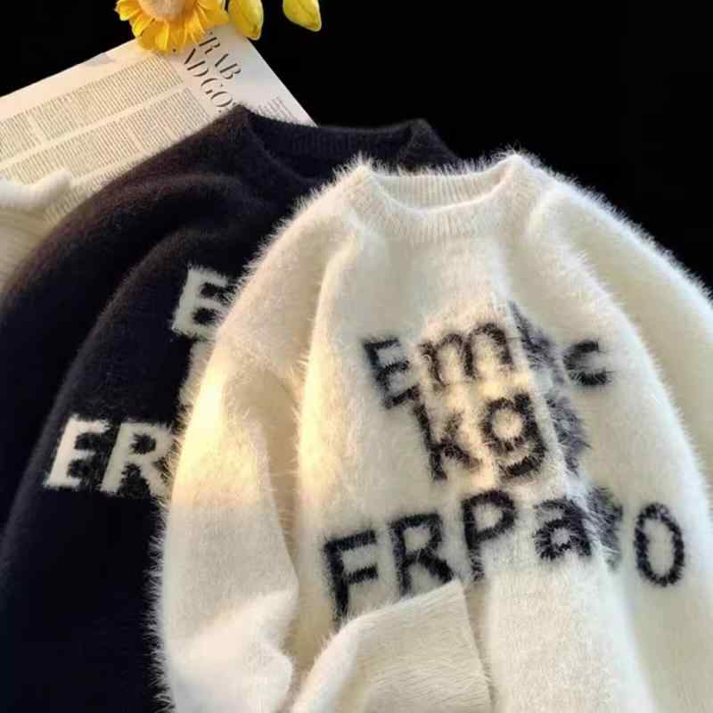 ニット メンズ カーディガン 秋冬 レトロ 学生風 ゆったり トップス ファー 風 混紡 洗濯機洗いOK 高弾性 ブラック ホワイト