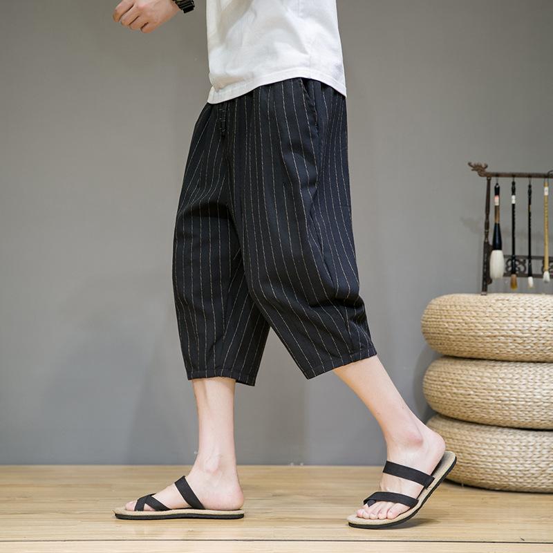 メンズ リネン 7分丈パンツ ストライプ柄 中国風 綿麻 カジュアルパンツ ルーズ ショートパンツ 運動 グレー 黒 コーヒー色