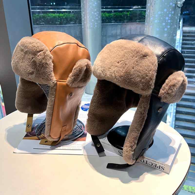 帽子 レディース 防寒 レトロ 雷鋒帽 秋冬 皮質 裏起毛 厚手 防風 イヤーマフ付き 婦人 スキー スノボ 自転車 アウトドア 旅行 ピンク ブラック グレー カーキ(x2)