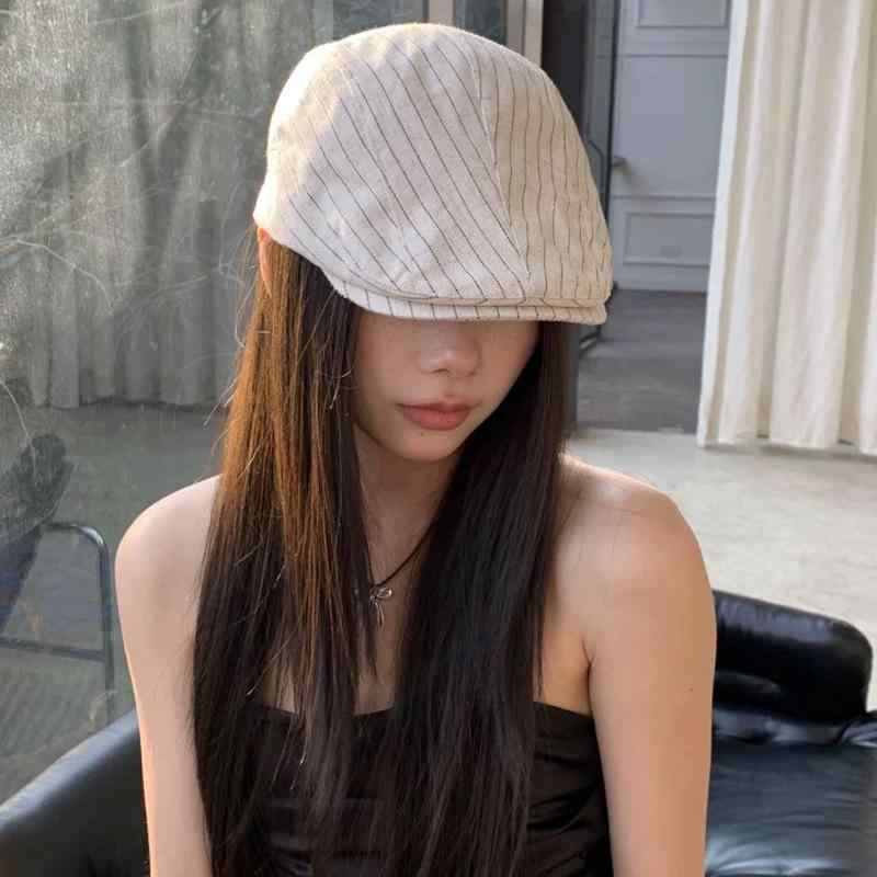 キャスケット レディース 春夏 薄手 ストライプ柄 短つば ベレー帽 画家帽 メンズ 紫外線対策 日よけ 帽子 ブラック オフホワイト ベージュ ネイビー(x2)