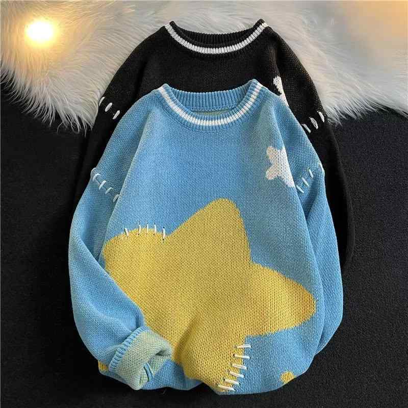 ニット メンズ 長袖 星柄 配色 クルーネック プルオーバー ?松 伸縮性 ポリエステル 秋冬 トップス カジュアル 普段使い 黒 ブラック 青 ブルー(x2)