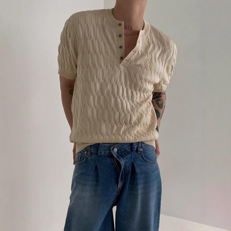 Tシャツ メンズ 半袖 ヘンリーネック 薄手 ポリエステル ニット 無地 ゆったり カットソー トップス 春夏 カジュアル ブラック カーキ