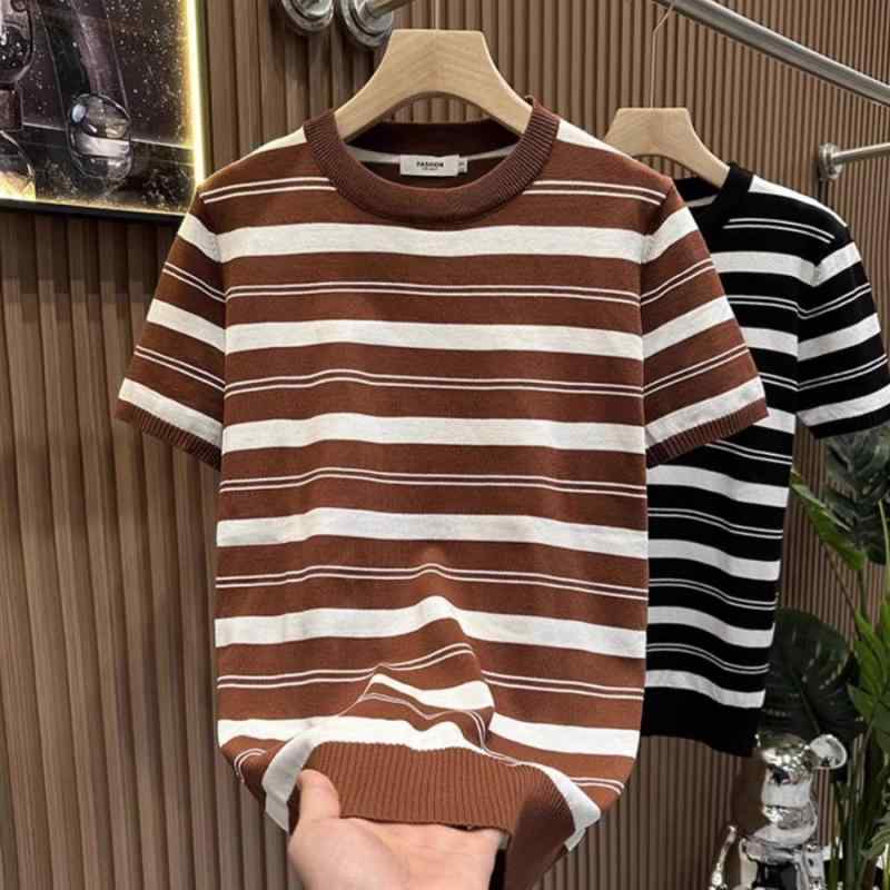 Tシャツ メンズ ニット 半袖 ストライプ柄 スリムフィット プルオーバー カットソー ラウンドネック トップス ポリエステル混紡 普段使い 部屋着 ブラック コーヒー色