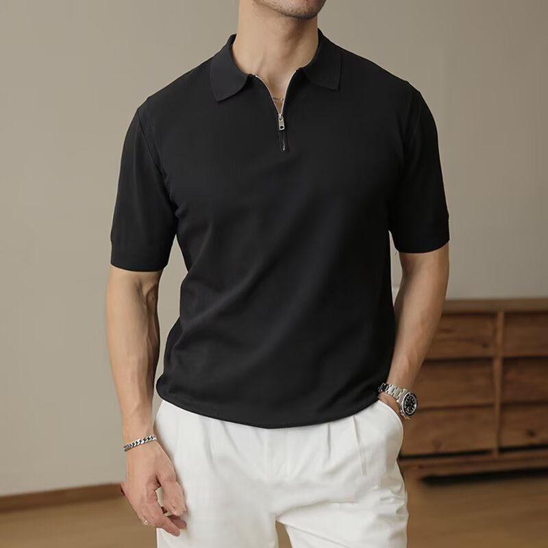 ポロシャツ メンズ 男性用 半袖 ハーフジップ 薄手 接触冷感 配色 Tシャツ トップス ビジネス 普段使い ホワイト ブラック ネイビー(x2)