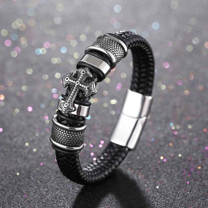 ブレスレット 男性用 レザー 手編み ステンレス 十字架 リストバンド ヴィンテージ ヨーロピアン スタイル メンズ アクセサリー スチールカラー(x2)