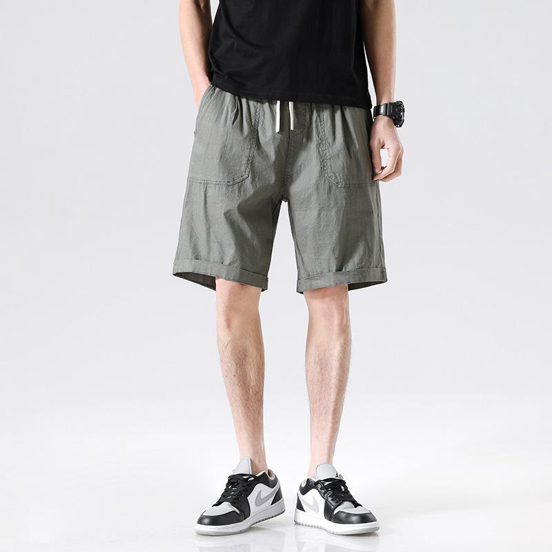 ハーフパンツ メンズ 男性用 リネン 麻 涼しい 薄手 ゆったり ストレート ドローストリング イージーパンツ 5分丈 膝丈 無地 グレー 黒 普段使い