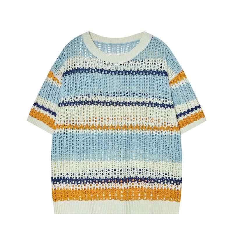Tシャツ メンズ ストライプ 切り替え クルーネック ニット 半袖 トップス 普段使い ルームウェア 20代 30代 グリンー系 ブルー系 4,558円