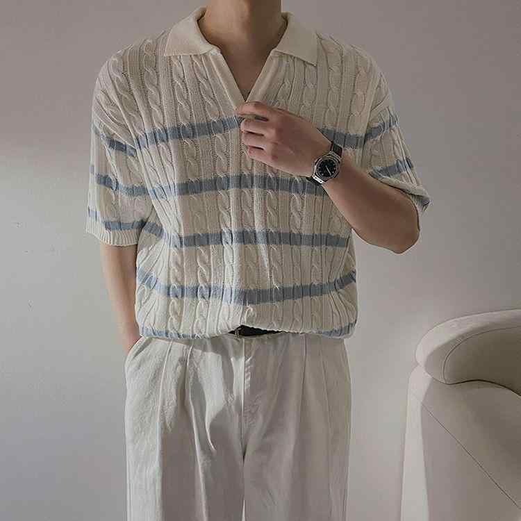 Tシャツ メンズ 半袖 麻 花柄 ストライプ柄 ニット カットソー 襟付き コットン ゆったり 韓国 リラックス カジュアル トップス