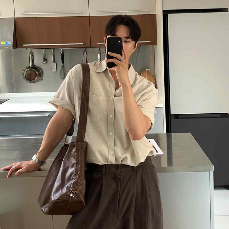 シャツ メンズ 薄手 綿麻 半袖 カジュアルシャツ 韓国 リネン トップス 接触冷感 30代 40代 50代 普段使い 部屋着 春夏 ライトカーキ ホワイト