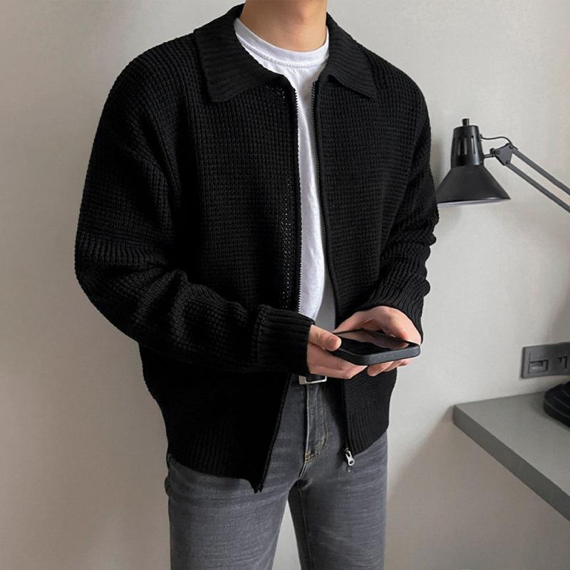ニット カーディガン メンズ 男性用 トップス 長袖 コットン 襟付き 無地 韓国 ゆったり リブ裾 オフホワイト ブラック