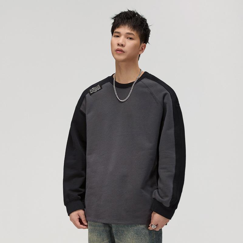 Tシャツ メンズ 男性用 長袖 秋物 コットン トップス 配色 切り替え ゆったり 厚手 無地 カジュアル