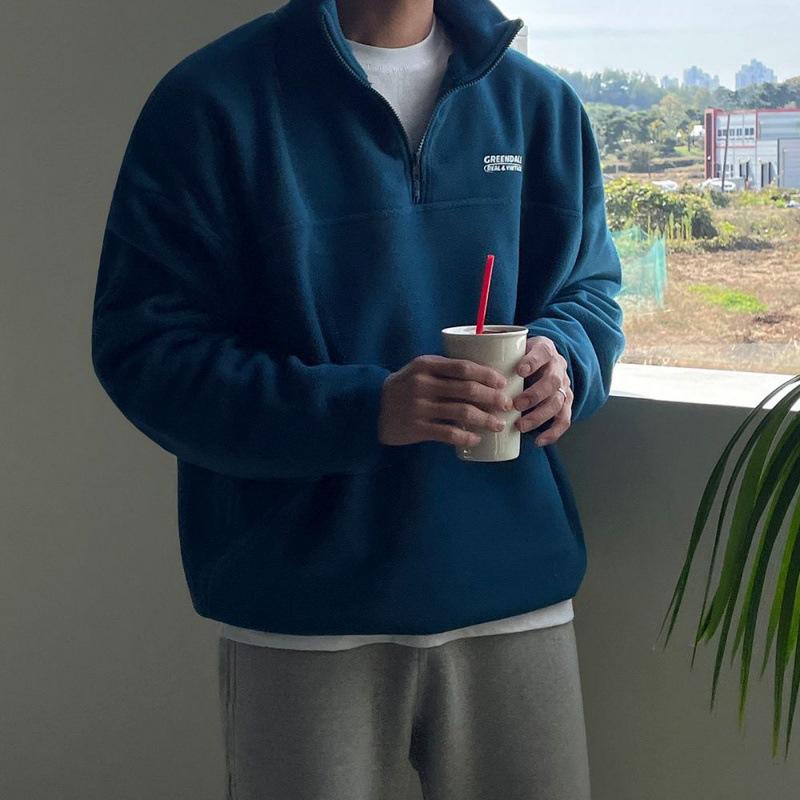 スウェット メンズ 男性用 裏起毛 プルオーバー トップス 韓国 ゆったり スタンドカラー 長袖 ポリエステル 暖かい 秋冬 紺色 黒