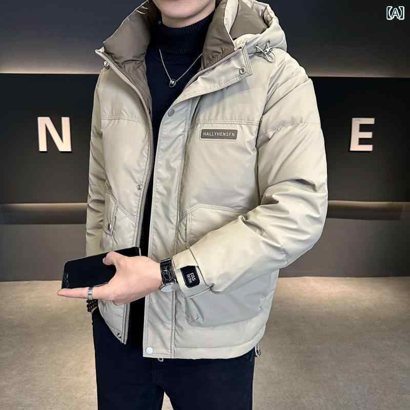 羽?服 メンズ ダウンジャケット ショート丈 フード付き 防寒 暖かい 冬物 アウター 上着 ポリエステル 無地 厚手 スリムフィット ブラック ベージュ カーキ