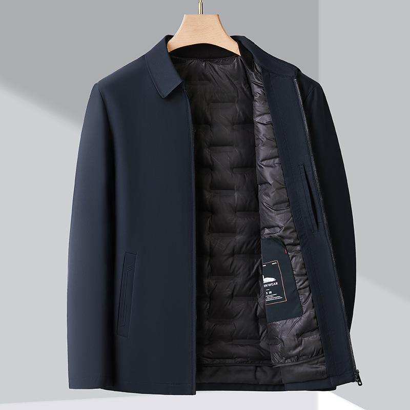 ジャケット 男性用 ダウンジャケット 冬季 暖かい 防寒 ビジネス 紳士服 ミドルエイジ アウター 軽量 撥水 無地 ポリエステル カーキ ネイビー ブラック ワインレッド