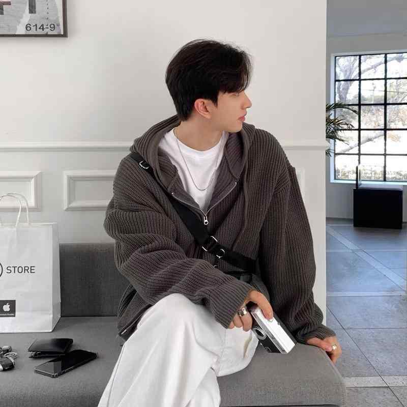ニット メンズ カーディガン 秋冬 ドロップショルダー ゆったり 長袖 パーカー ライトアウター 韓国 杏色 深グレー 黒
