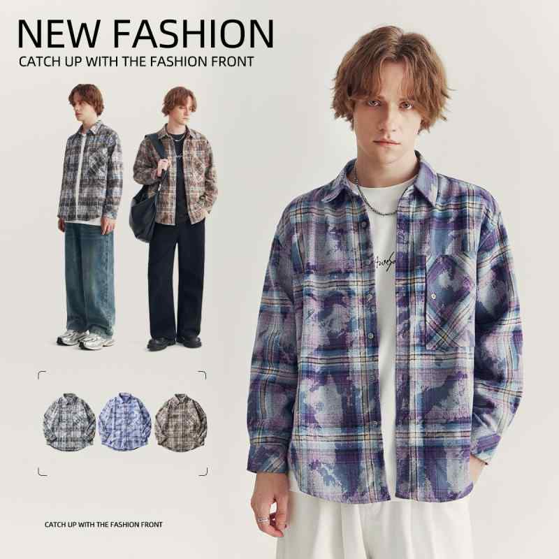 シャツ メンズ 男性用 格子柄 コットン混紡 ネルシャツ オープンカラー 長袖 ルーズシルエット 配色 秋(x3)