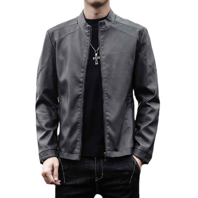 ジャケット 男性用 PUレザー レザージャケット ライダースジャケット 立襟 ショート丈 合皮 多ポケット グレー ブラック系 土黄 春秋(x2)
