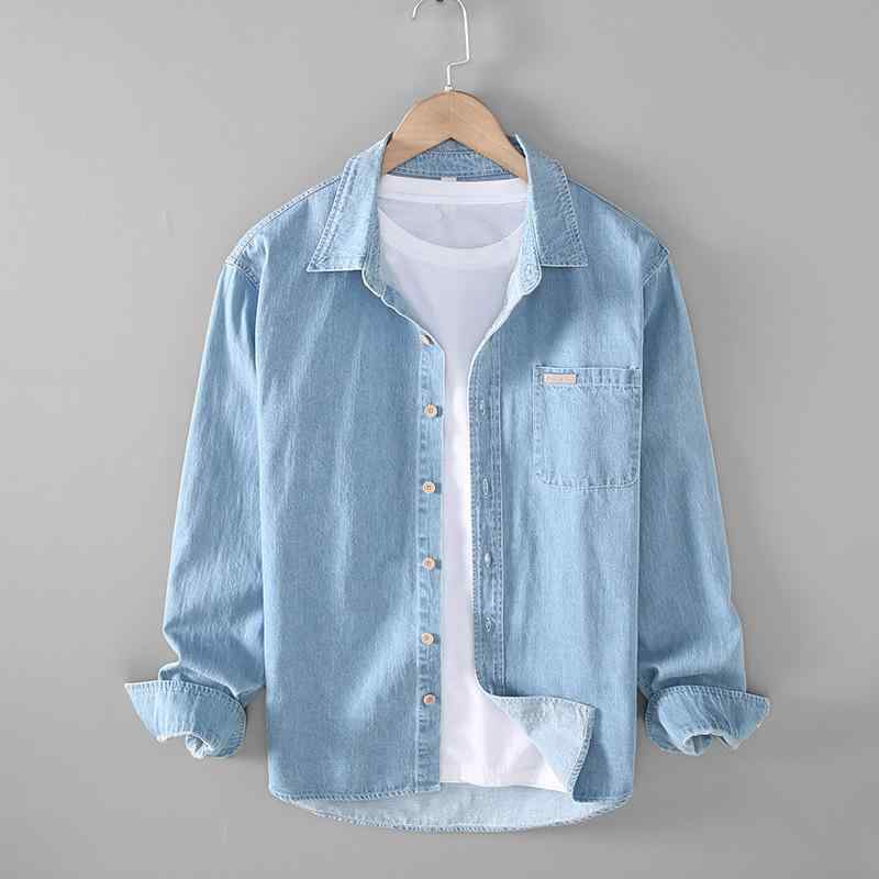 シャツ メンズ 男性用 長袖 コットン トップス カジュアル ポケット 飾りボタン 春秋 ブルー M L XL XXL XXXL(x2)