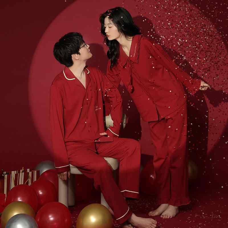 パジャマ レディース メンズ 長袖 綿 Vネック 春秋 ルームウェア 上下セット 新婚 結婚祝い ペアパジャマ 赤